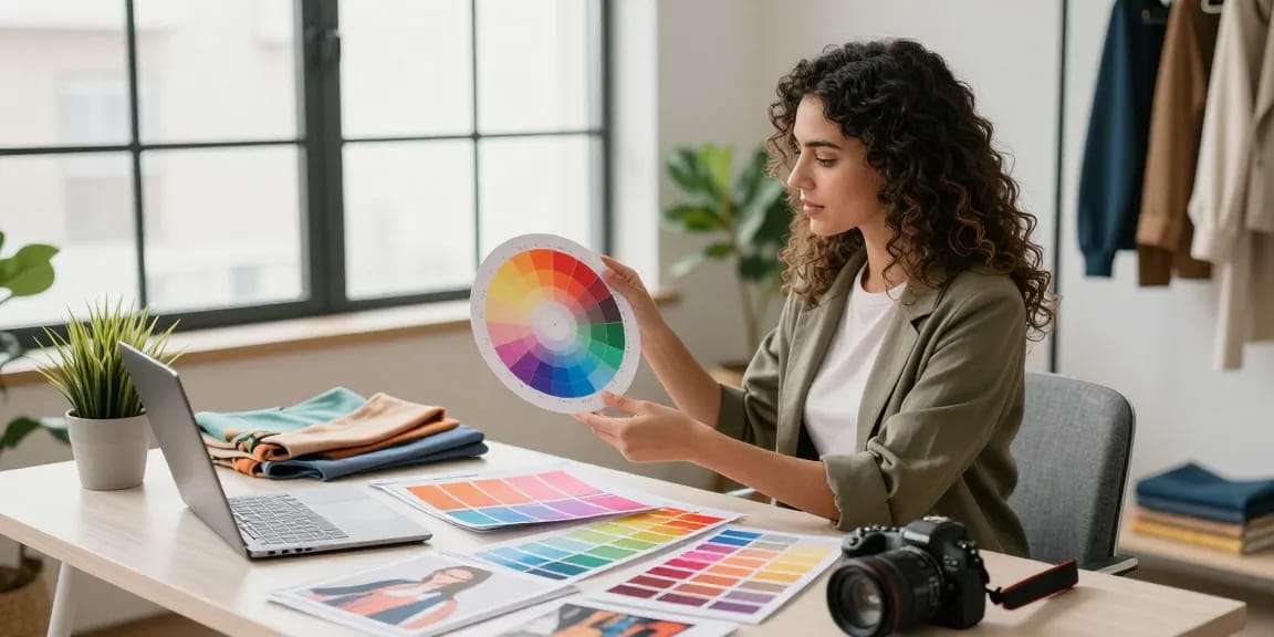 Consulenza di Armocromia con una donna che analizza i colori nel suo ufficio moderno.