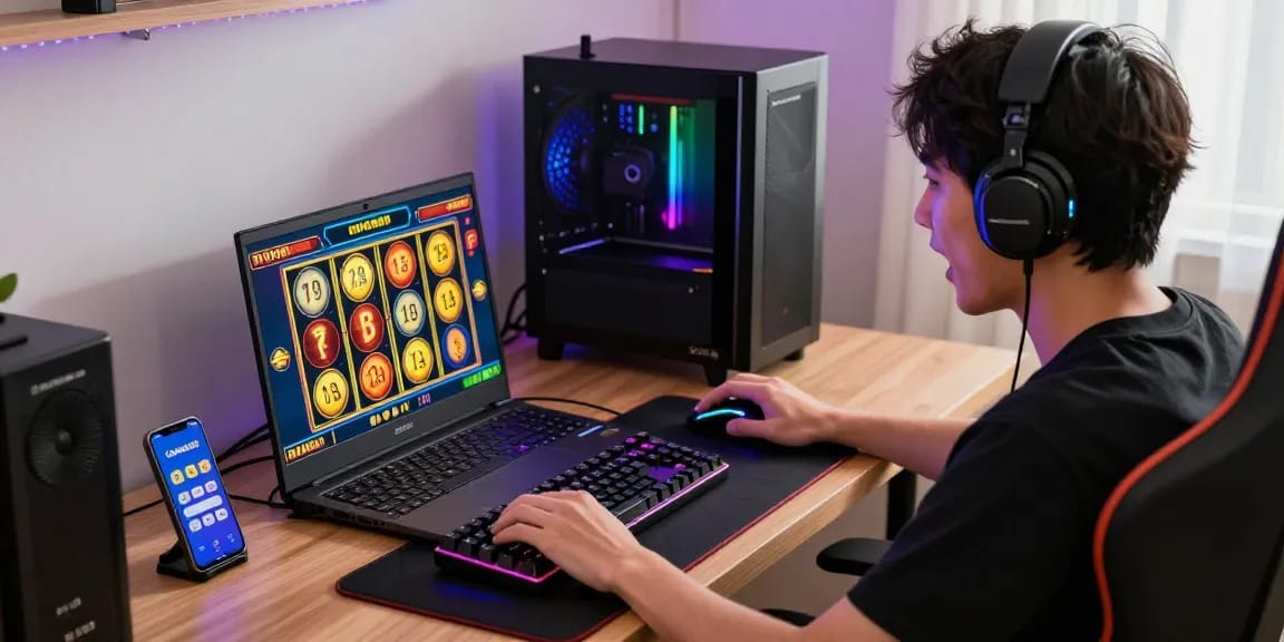 Player enjoying a slot depo 1k game with vibrant gaming setup, expressing excitement.
