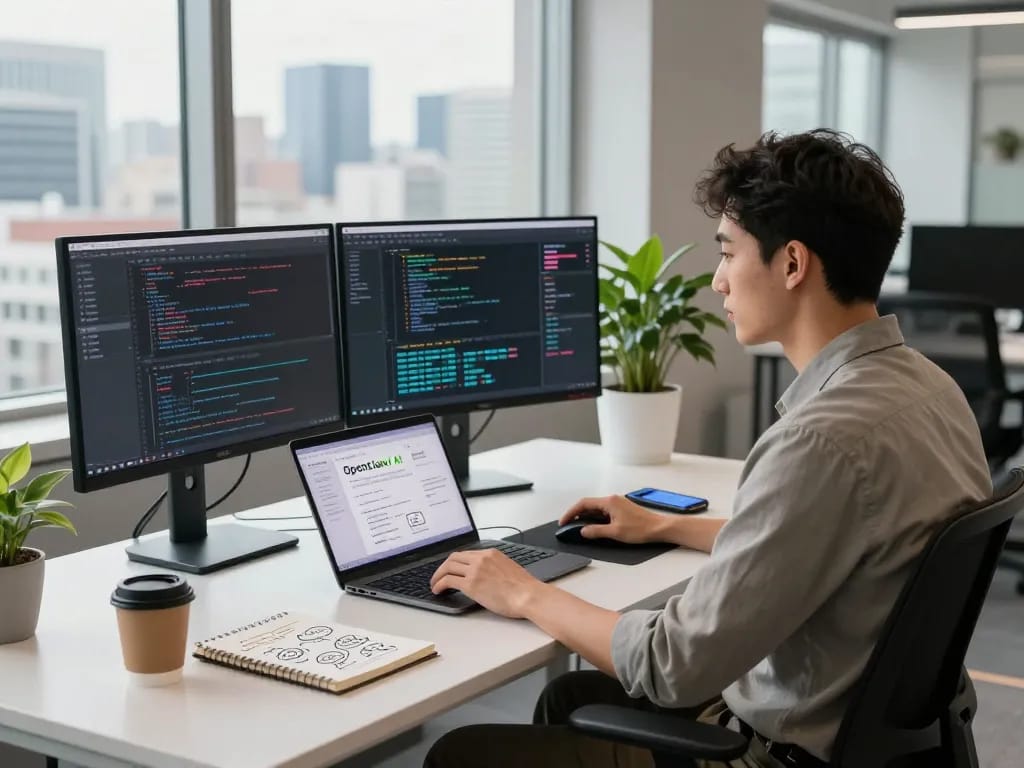 OpenClawd AI workspace with developer coding, monitors displaying project details in a modern office setting.
