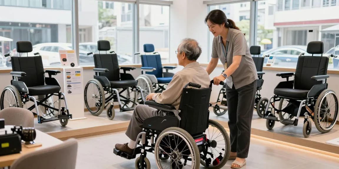 Electric wheelchair testing in Hong Kong showroom, showcasing user-friendly designs and accessibility features.