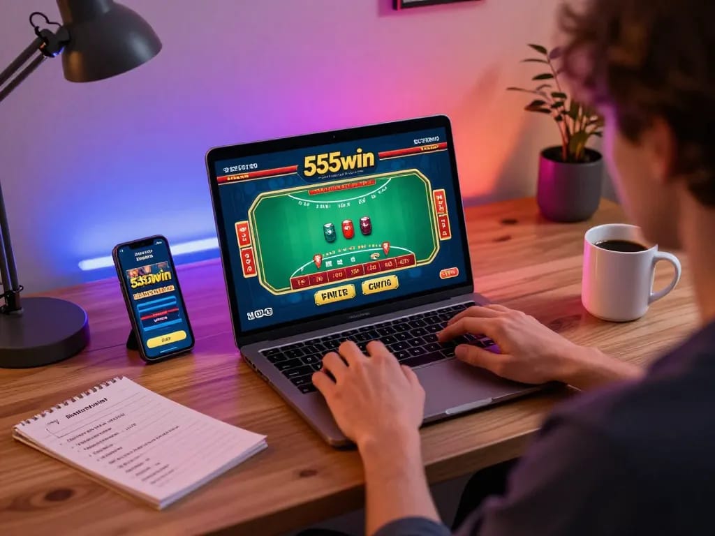 Player engaging with 555win online blackjack game on laptop, with strategic notes nearby.