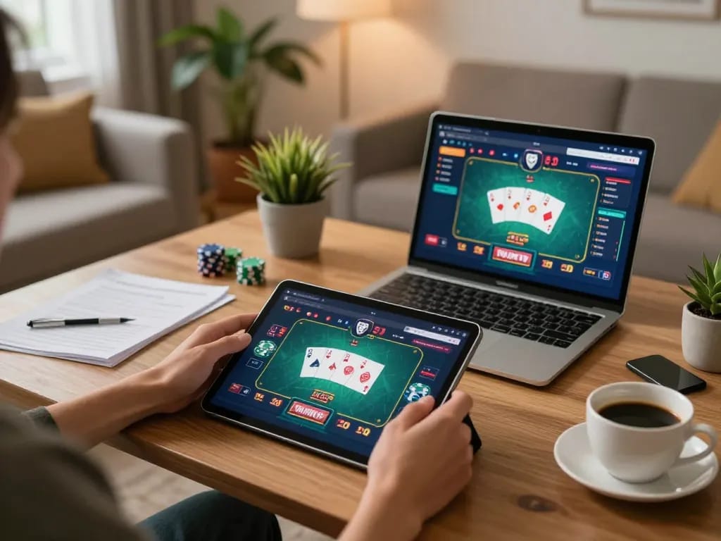 Engaging with Trang Chủ FB88 from a cozy gaming setup at home, showcasing an interactive poker table interface.