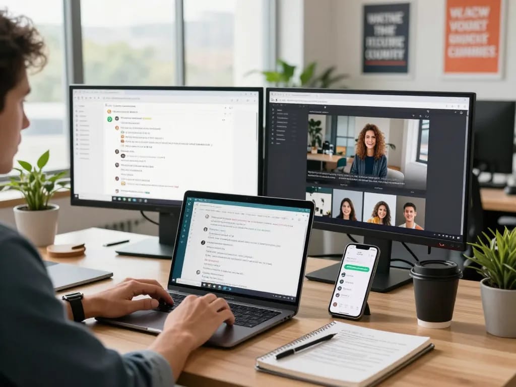 展示现代科技工具和充满活力氛围的WhatsApp网页版使用场景