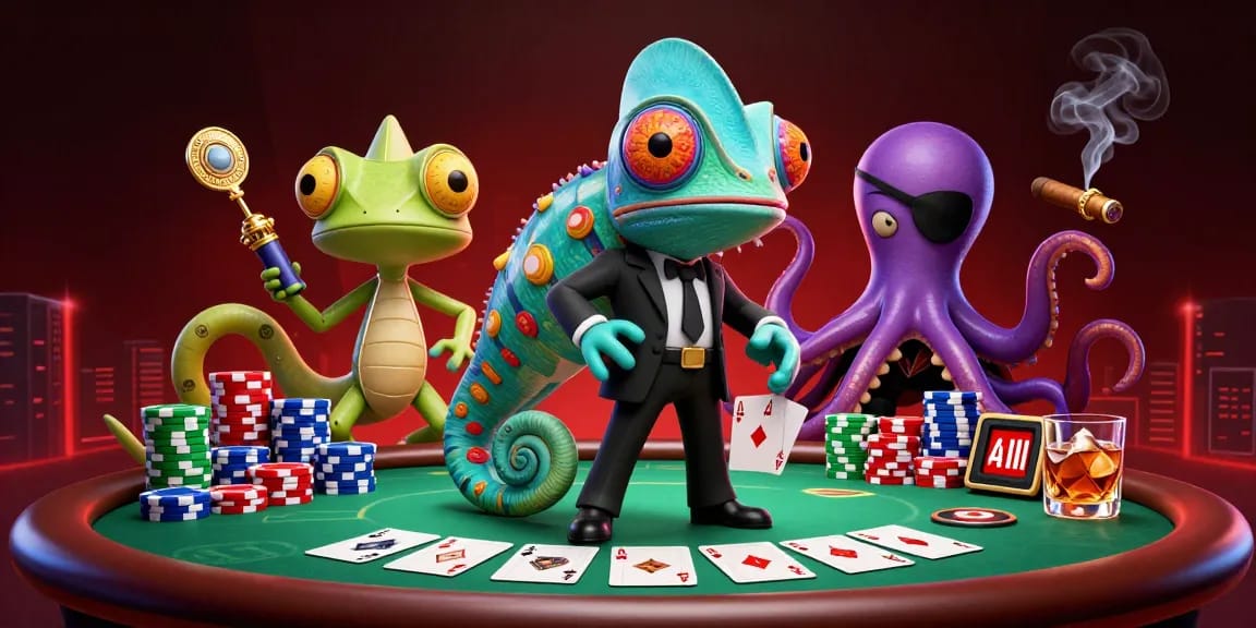 Les jeux de casino en ligne nouveaux prennent vie avec une illustration captivante présentant un caméléon agent secret, et des éléments de poker.