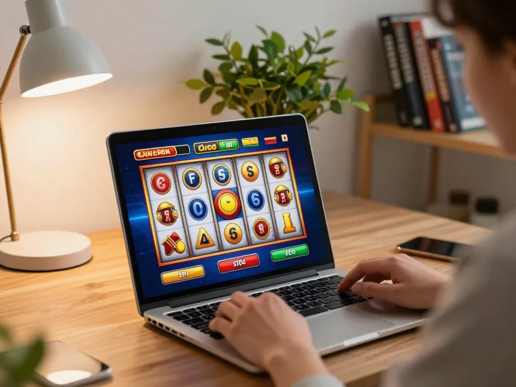 Person enjoying slot gacor gameplay on laptop in cozy home setting, showcasing vibrant slot machine graphics.