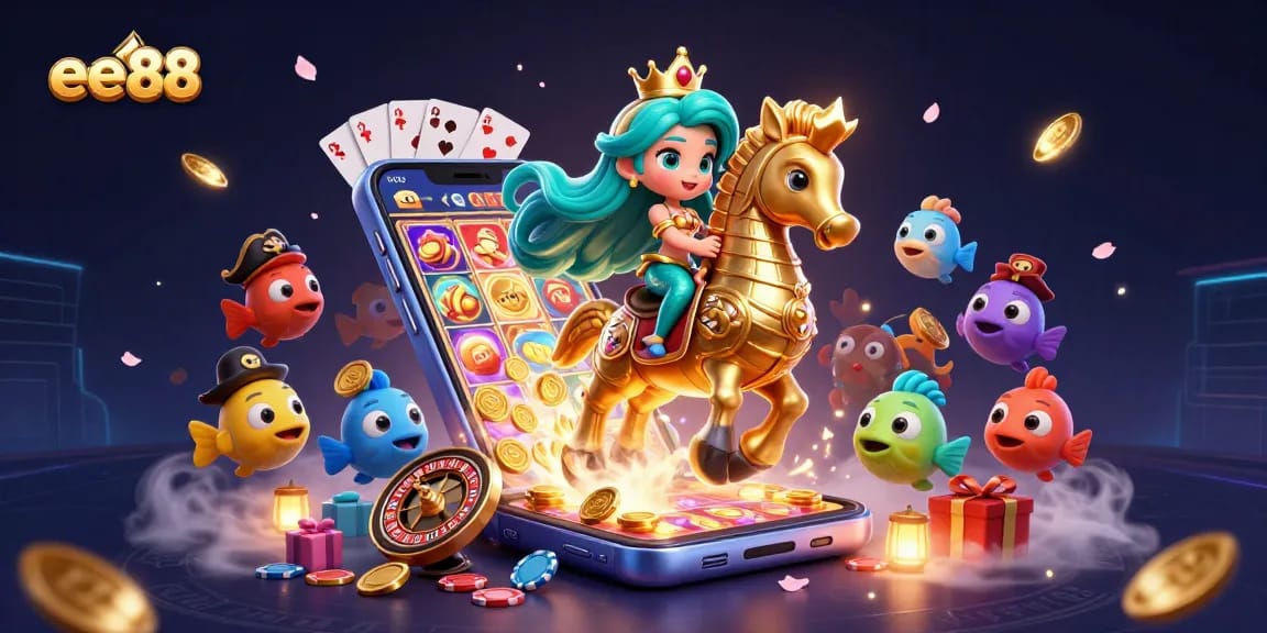 Experience gaming excitement at ee88 with a vibrant underwater casino theme, featuring animated characters and gambling elements.