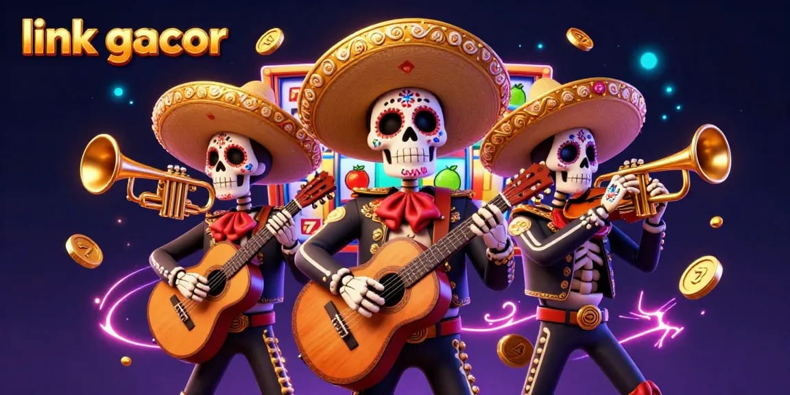 Engage with thrilling link gacor slots in a vibrant scene featuring a mariachi band and dynamic gaming elements.