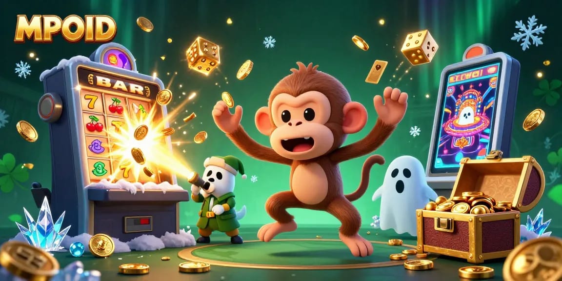 MPOID showcases a lively, 3D cartoon scene of a playful poltergeist monkey and a ghost-hunter puppy in a dazzling casino filled with winning symbols.