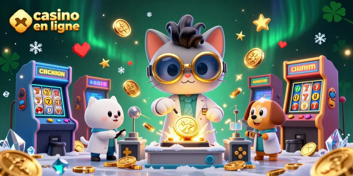 Plongez dans l'univers du casino en ligne avec un chat fou et son chien assistant, entourés de machines colorées et de rouleaux chanceux.