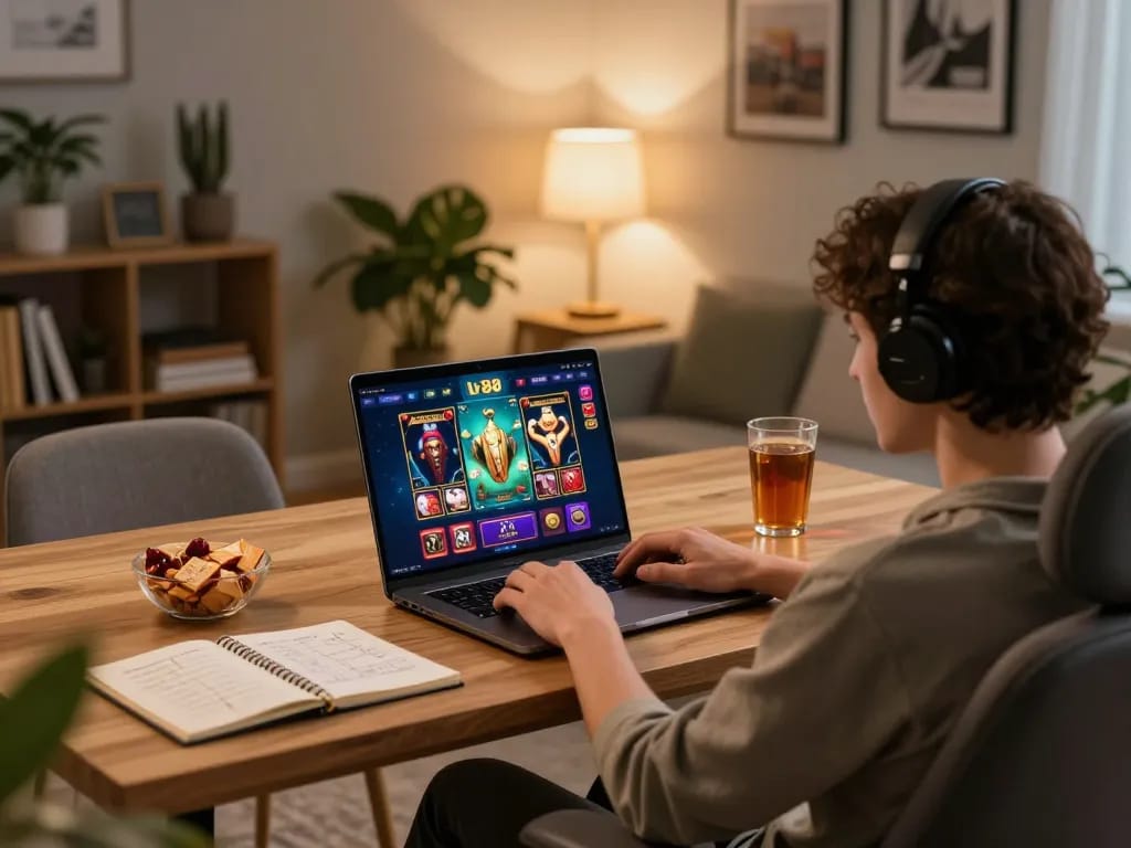 The user plays interactive games at lv 88 online casino from a cozy home setup, engaging with vibrant game interfaces.