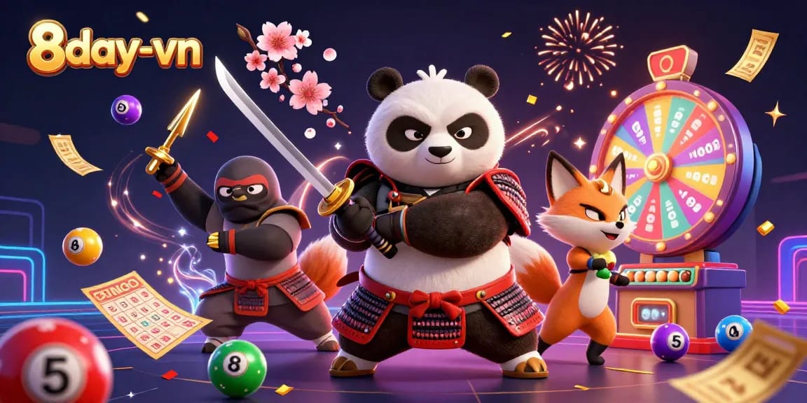 Experience the excitement of 8day-vn with a vibrant scene featuring dynamic lottery elements and lively characters.