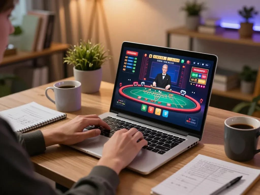 O8 user engaging with live dealer game on laptop while practicing responsible betting strategies