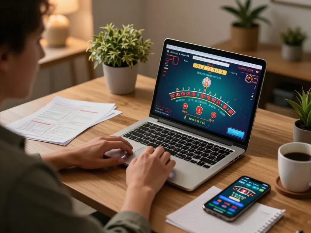 Playing rik vip online blackjack at home with a live dealer on laptop.