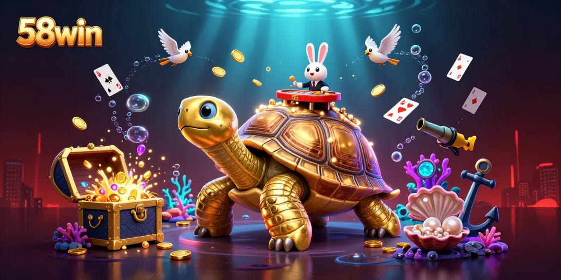 Experience the vibrant world of 58win with a tortoise casino, rabbit dealer, and gold coins.