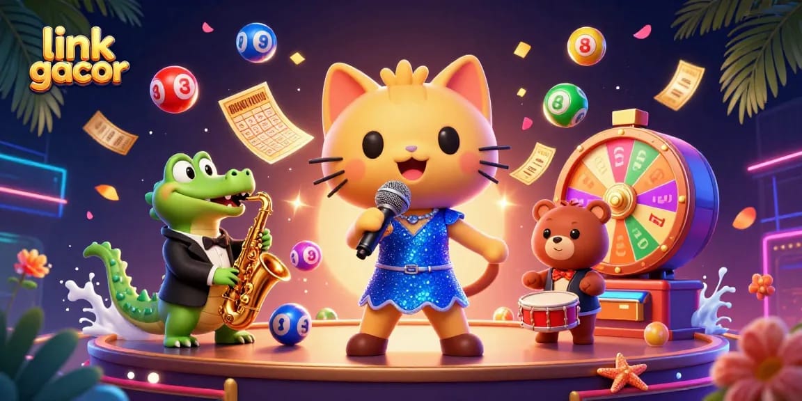 Win big with thrilling slots at link gacor, featuring animated characters celebrating in a vibrant casino scene.
