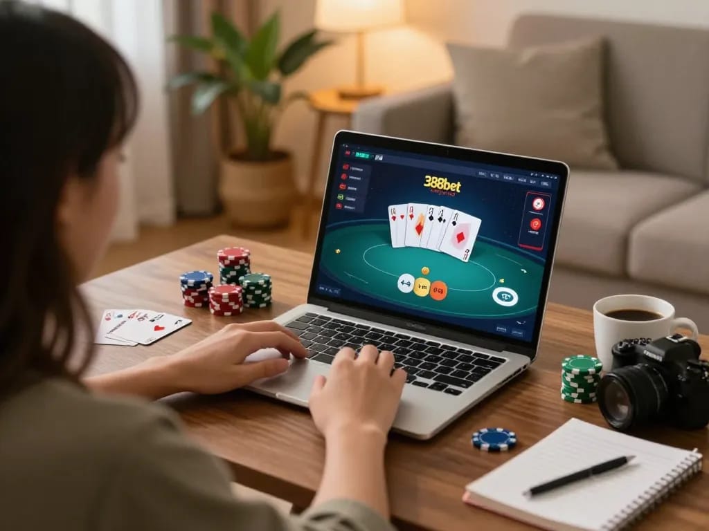 Player strategizing on nhà cái 388bet while playing online poker from the comfort of home.