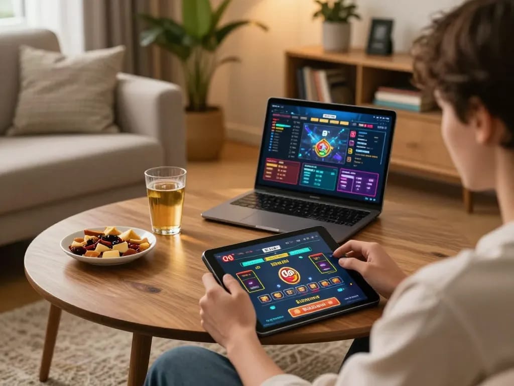 Engaged gamer enjoying O8 casino games on tablet in a stylish living room setting.