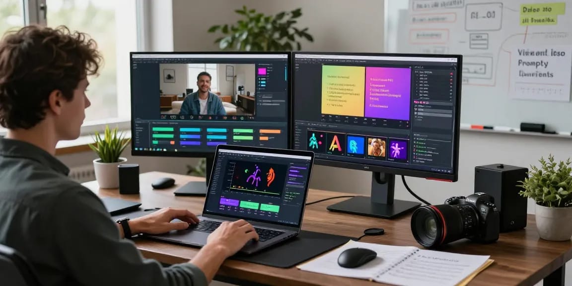 AI video prompt generation setup with user analyzing video content and creating detailed prompts in a modern office atmosphere.