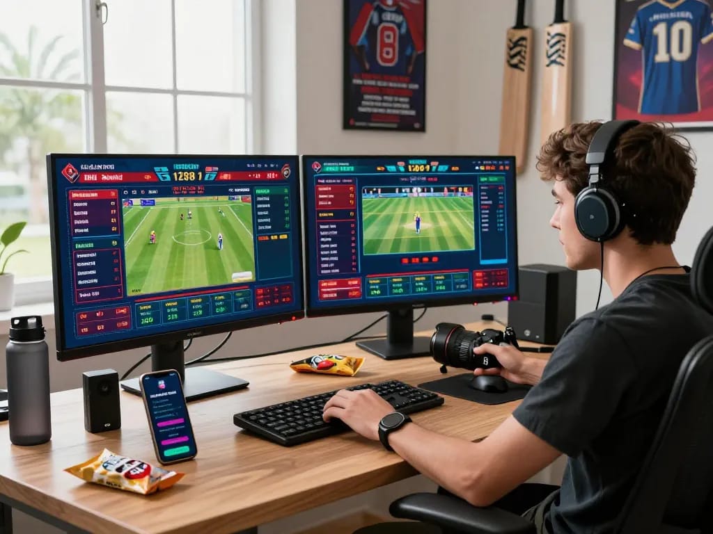 Dynamic online betting atmosphere showcasing user engaging with 99 exch platform on multiple monitors, surrounded by sports memorabilia.