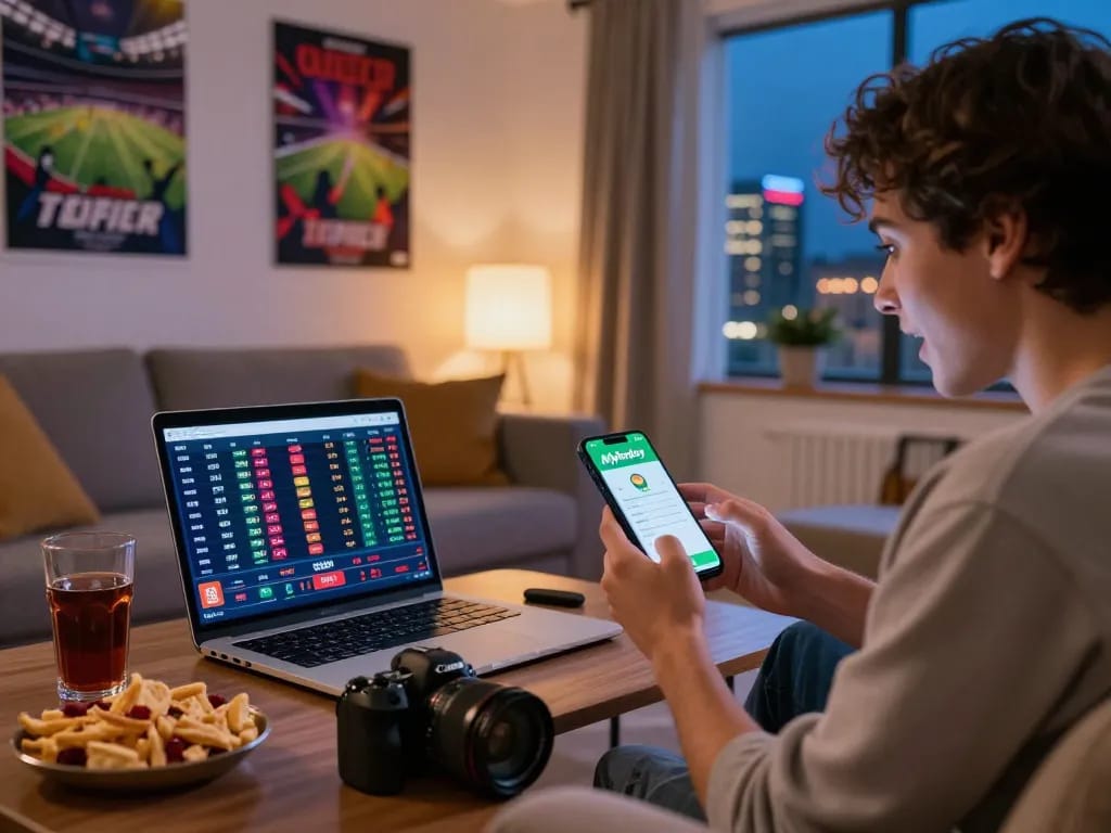 Engaged user interacting with the Myfairplay app in a cozy living room, showcasing a vibrant online gambling experience.
