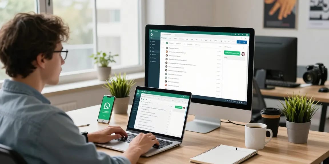 Active user engaging with WhatsApp網頁版 on a modern desktop setup in a bright office