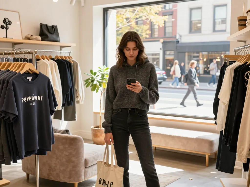 Fashion model showcasing stylish clothing selections from revelcollective.myshopify.com in a cozy boutique.
