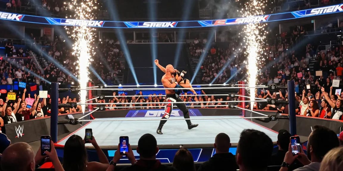 WWE SmackDown scene with Randy Orton in action, thrilling wrestling atmosphere in a packed arena.