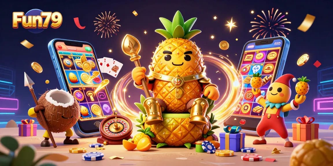 Experience Fun79's thrilling casino games with a vibrant digital illustration showcasing entertainment elements.