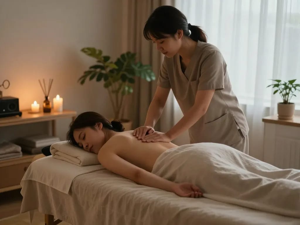 Professional 출장안마 service in a calm wellness environment with soothing lighting and ambiance.