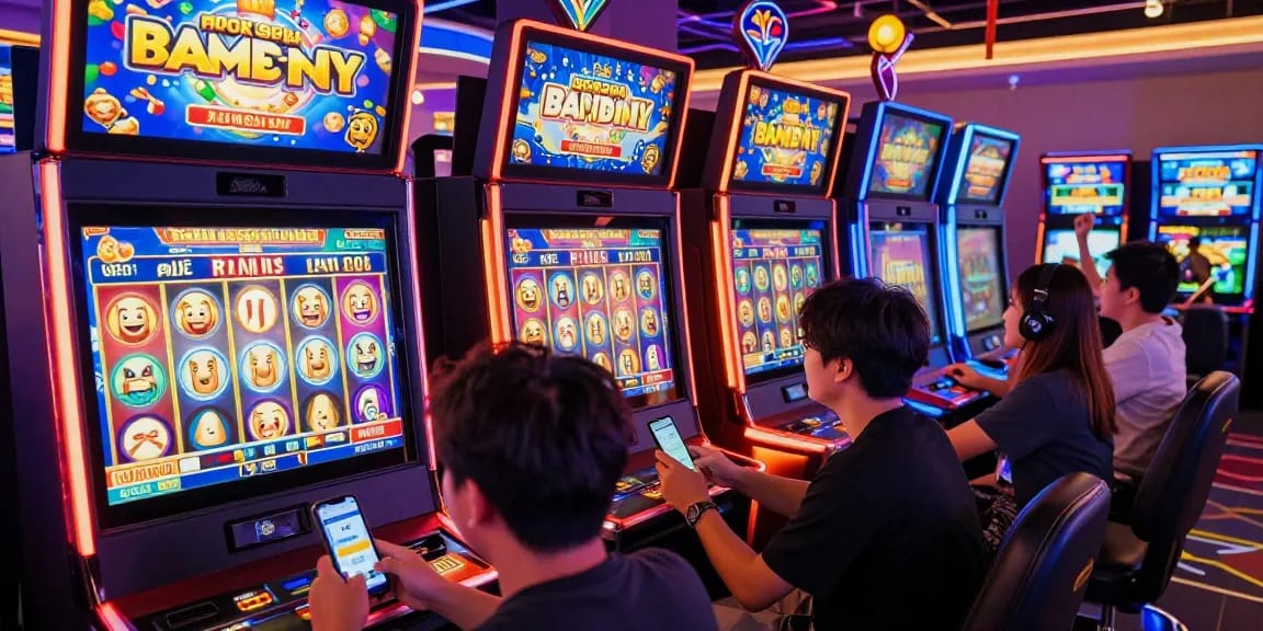 Exciting online gaming scene with players celebrating wins using deposit pulsa tanpa potongan method at vibrant digital casino.
