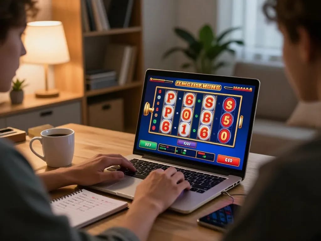 Player enjoying link gacor online casino gaming with a laptop in a cozy living room setting.