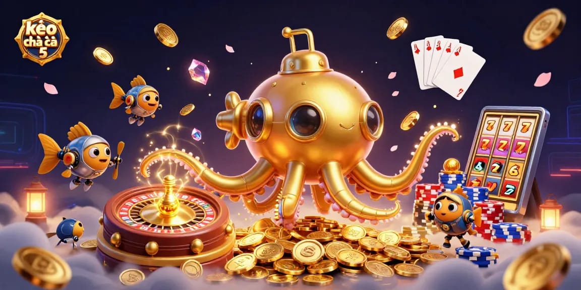 Kèo nhà cái 5 showcases a golden kraken submarine amidst golden coins while mechanical fish swim alongside.