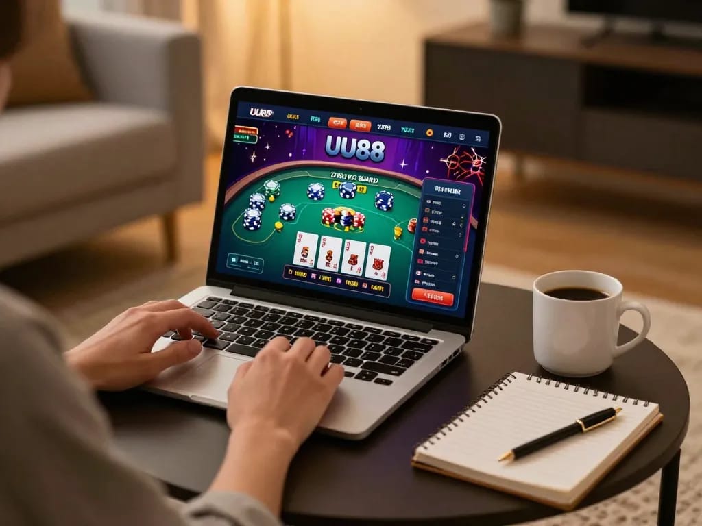 Explore dynamic online gaming strategies at uu88 with an engaging laptop setup.