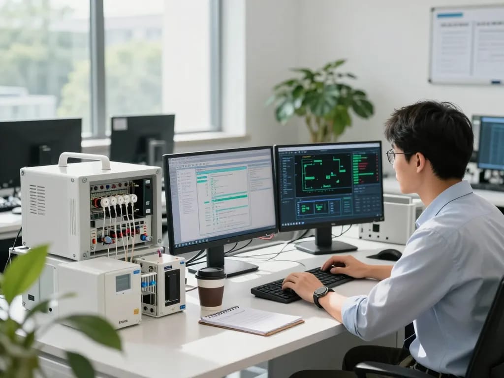 Engineer at Hải Phòng Tech configuring sensors in a modern workspace with multiple screens and tech equipment.