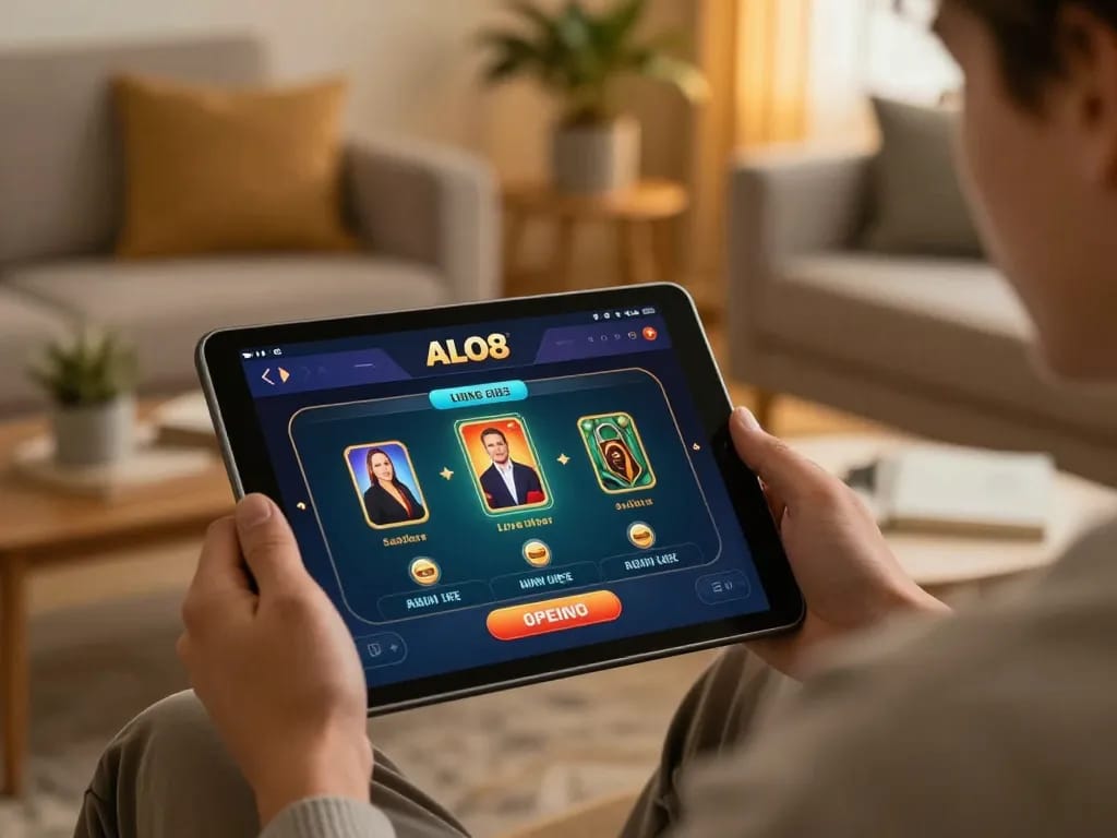 Player enjoying ALO8 online gaming on a tablet in a cozy home setting, demonstrating responsible entertainment.