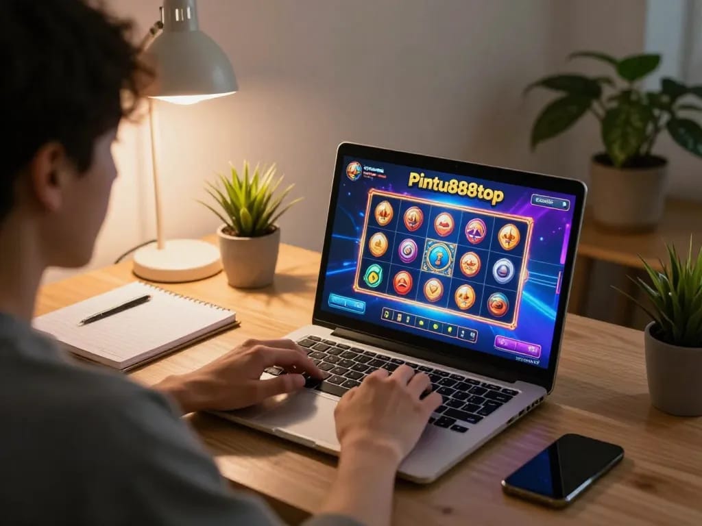 Person playing at pintu888top online casino using laptop, focused on slot game strategy.