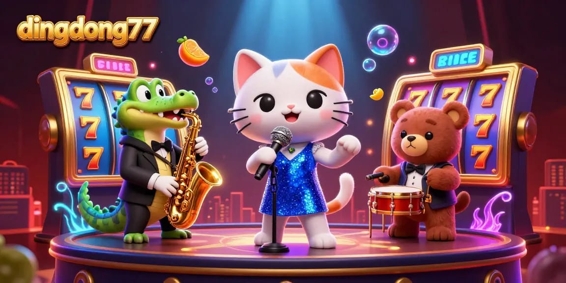 Dive into gaming with dingdong77, featuring lively characters and vibrant slot game elements