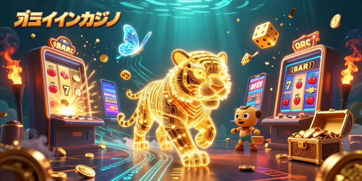 オンラインカジノで金色の光の虎がスロットマシンのジャックポットを引き起こしているシーン