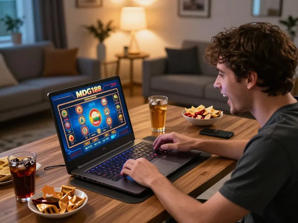 Player enjoys MDG188 online casino gaming on their laptop, showcasing a strategic betting atmosphere.