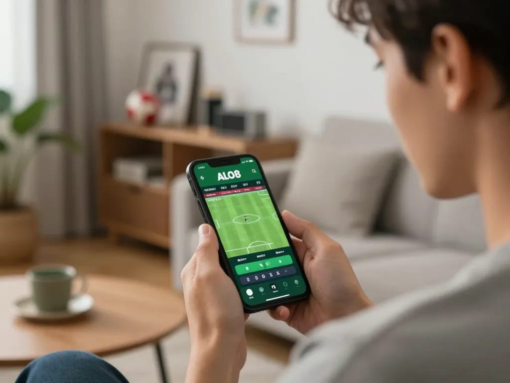 Player placing a bet on the ALO8 sports betting app in a cozy home setting