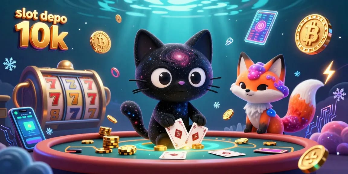 Engage with exciting slot depo 10k action featuring a cosmic cat and colorful fox amidst glowing coins and vibrant galaxy elements.