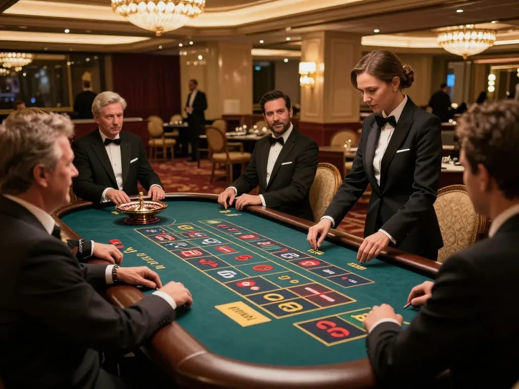 Players placing bets on the vibrant roulette table at LV88 casino with elegant decor in the background.