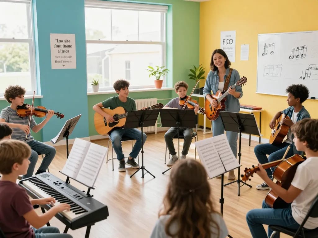 学生が楽器を学んでいるエキサイティングな音楽レッスン、音楽教室 おすすめを特集