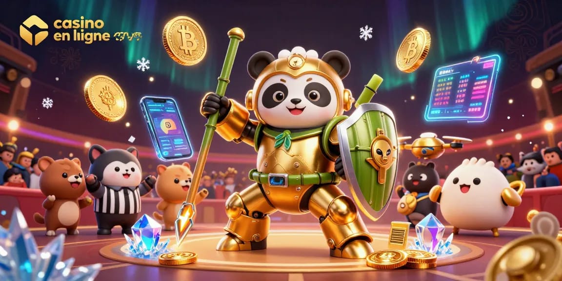 Plongez dans l'univers du casino en ligne paysafecard avec un panda doré en armure, pilotant un robot dans une arène.