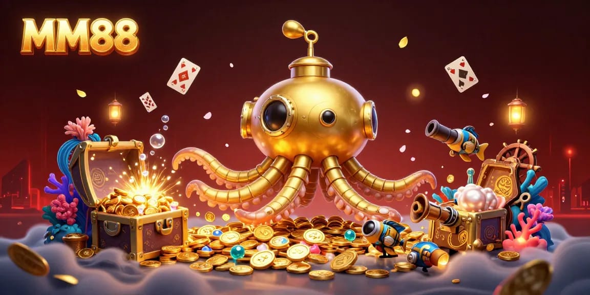 Experience the thrilling world of MM88 with a golden kraken submarine surrounded by treasures and games.