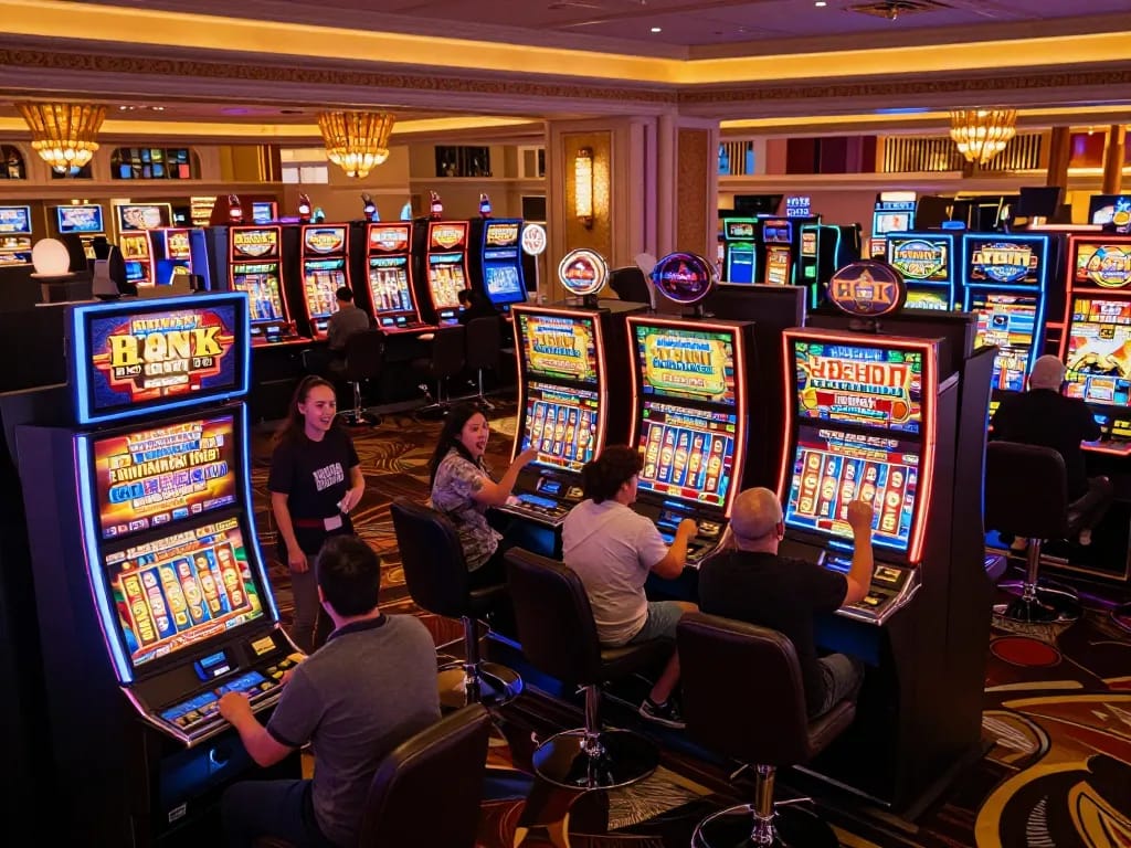 Players enjoying slot gacor machines in a lively Las Vegas casino atmosphere, capturing vibrant gaming experiences.