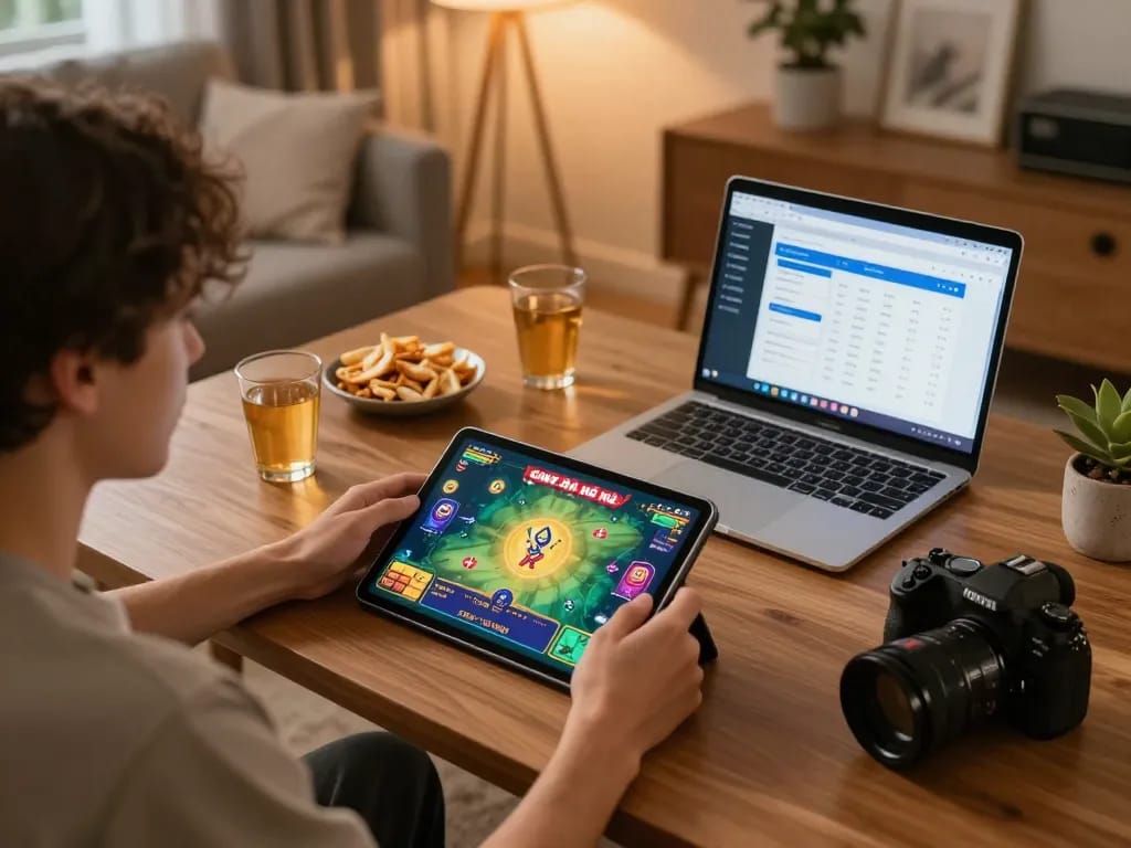 Engaging in Game bài nổ hũ online at home on a tablet, showcasing vibrant gameplay.