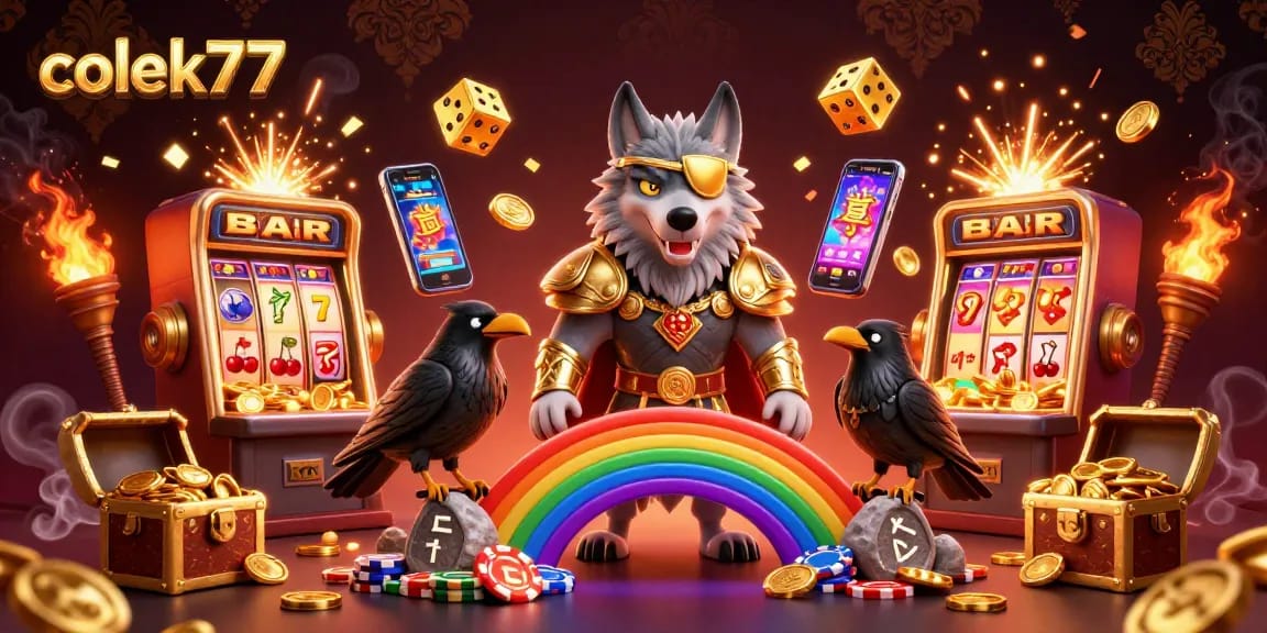 Experience colek77 excitement with a vibrant 3D casino scene showcasing slot machines bursting with jackpots.