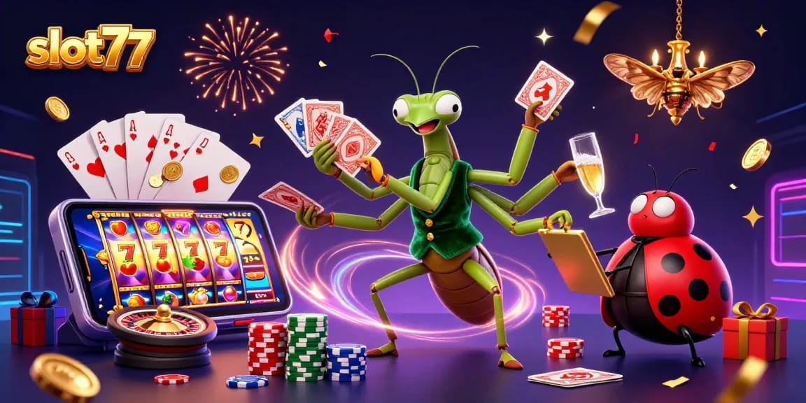 Experience exciting wins at slot77 with colorful slot reels and engaging casino elements.