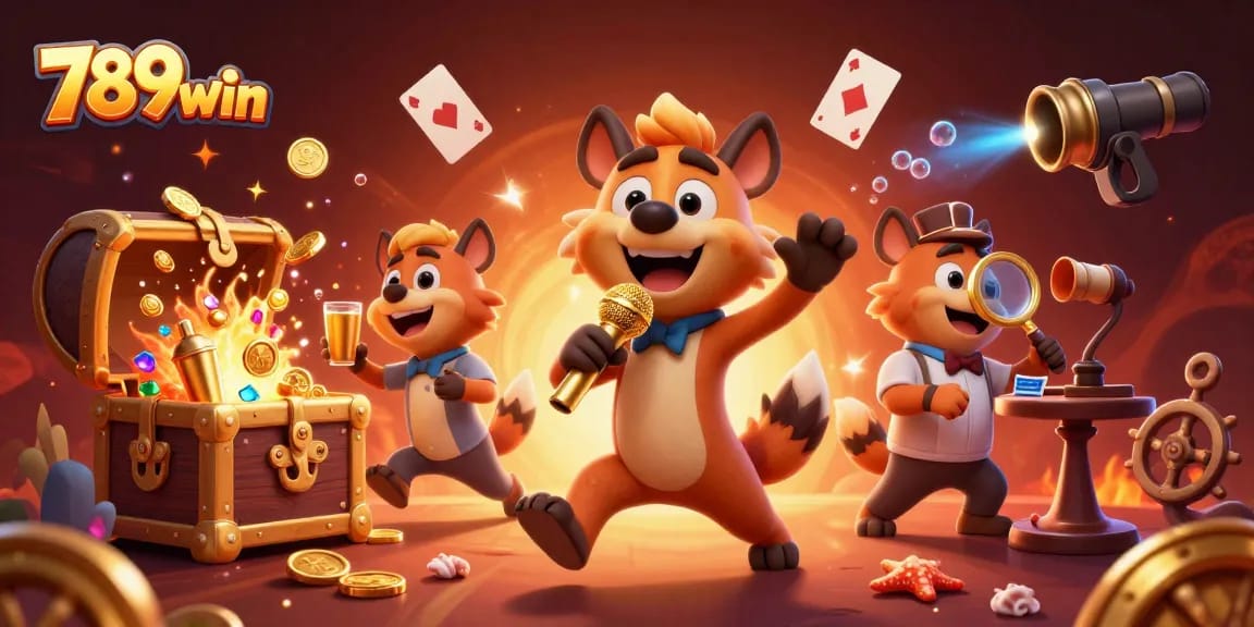 Experience the excitement at 789win with hyenas in a lively casino scene filled with treasure and action.